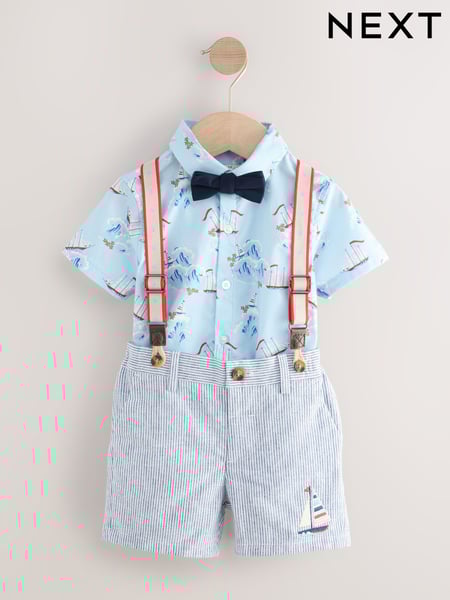 Blue/White Ship All Over Printed Shirt, Braces, Short & Bow Tie Set (3mths-7yrs) (AE9185) | € 48 - € 57