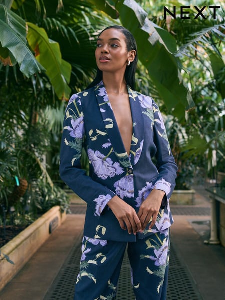 Navy Floral Kew Gardens Single Breasted Tailored Blazer with Linen (AF6667) | € 124