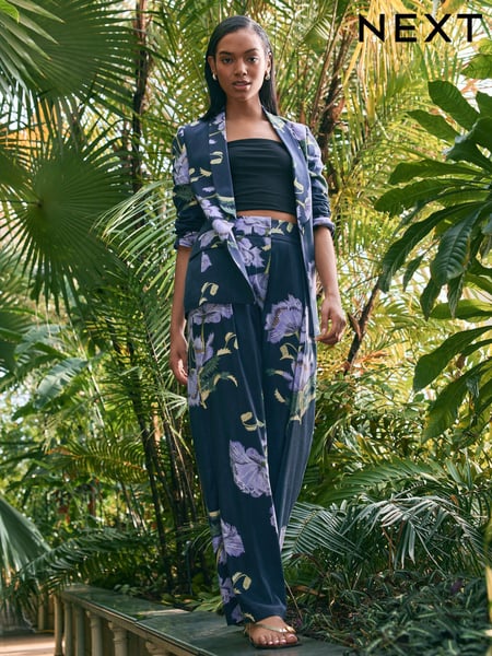 Navy Floral Kew Gardens Wide Leg Trousers with Linen (AF6670) | € 80