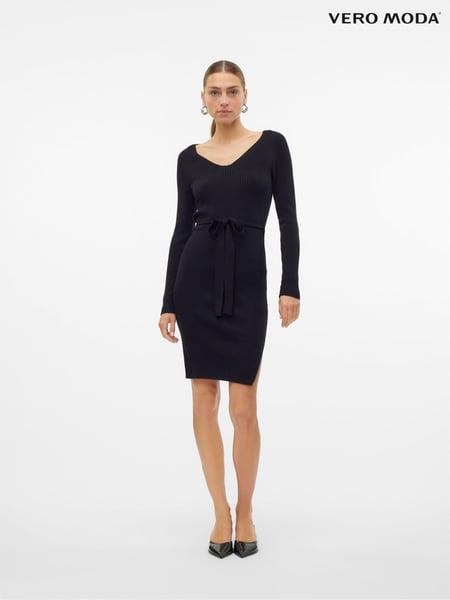VERO MODA Black Long Sleeve V-Neck Belted Rib Dress (AF7133) | € 59