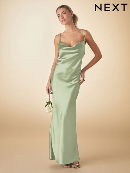 Sage Green Bridesmaid Satin Cowl Neck V-Back Maxi Dress (AF7141) | € 95