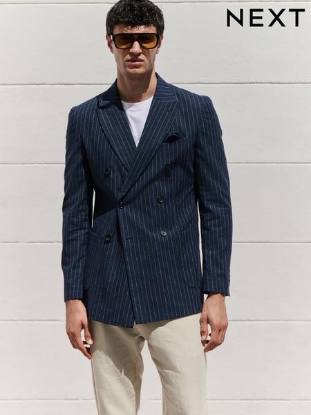 Navy Blue Regular Fit Linen Blend Stripe Double Breasted Blazer (AF7215) | € 148