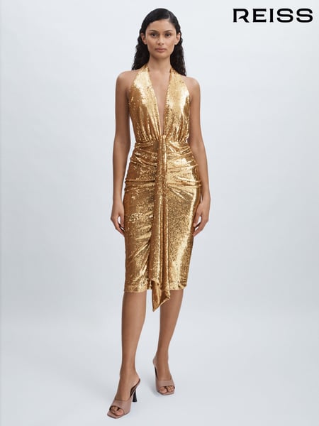 Halston Gold Sequin Halterneck Plunge Dress (AF7443) | € 785