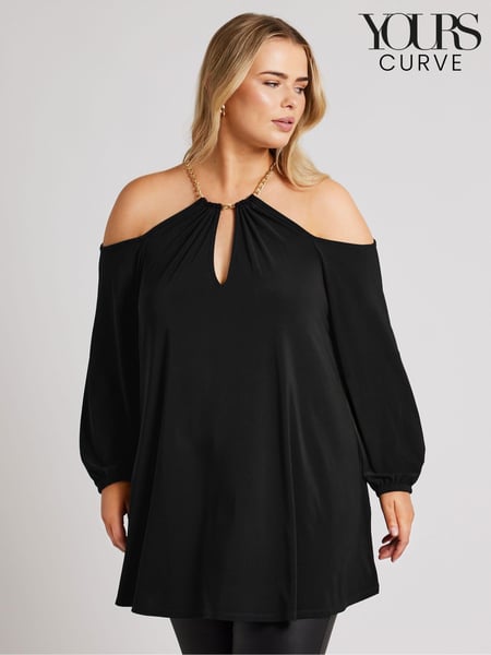 Yours Curve Black London Chain Halter Cold Shoulder Long Sleeve Top (AF7522) | € 61