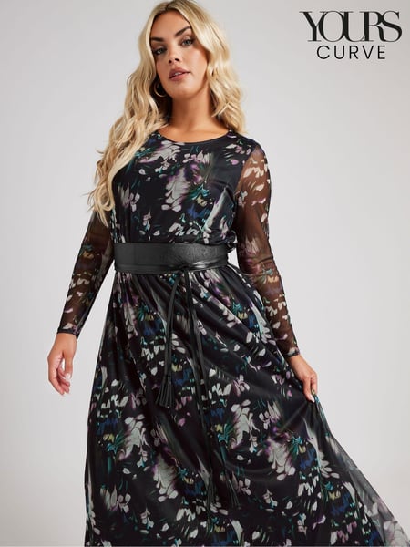 Yours Curve Black London Longsleeve Mesh Dress With PU Belt (AF7658) | € 98
