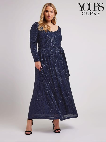 Yours Curve Blue London Sequin V-Neck Long Sleeve Maxi Dress (AF7672) | € 57