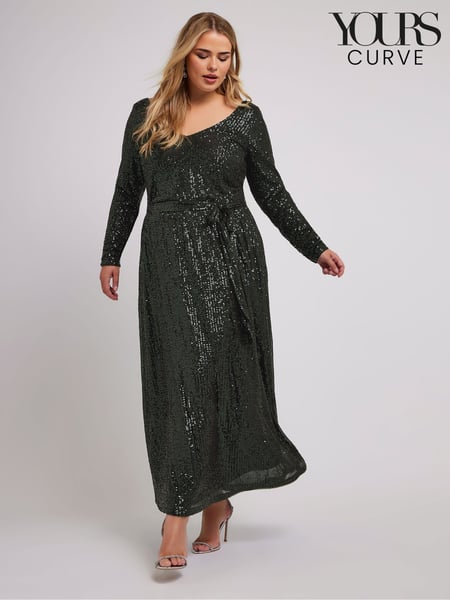 Yours Curve Green London Sequin V-Neck Long Sleeve Maxi Dress (AF7679) | € 57
