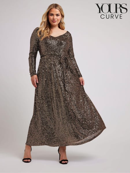 Yours Curve Gold London Sequin V-Neck Long Sleeve Maxi Dress (AF7692) | € 57