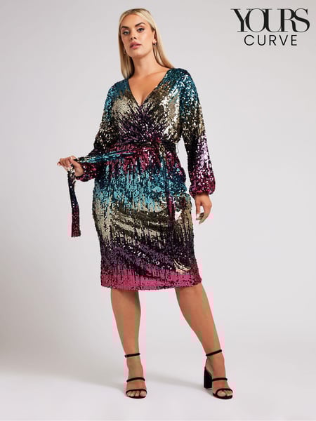 Yours Curve Blue/Pink/Gold London Sequin Ombre Wrap Dress (AF7695) | € 58