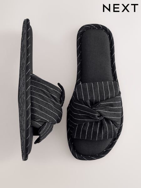 Schwarz mit Nadelstreifen - Linen Blend Bow Sliders Slippers (AF7851) | 20 €