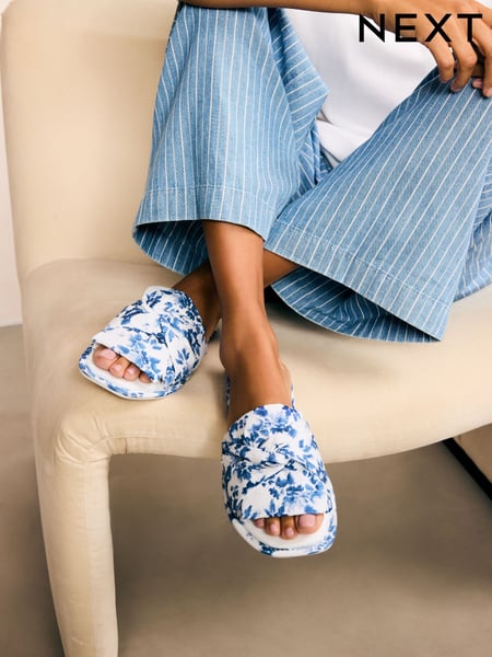 Blau mit Blumenmuster - Linen Blend Bow Sliders Slippers (AF7852) | 20 €