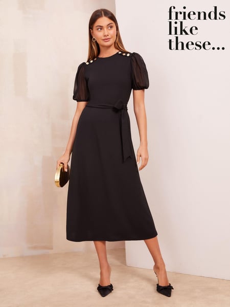 Friends Like These Black Petite Chiffon Puff Sleeve Tie Belt Midi Dress (AG1683) | € 42