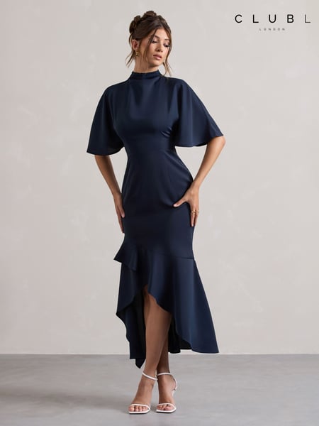 Club L London Blue Lavinia High Neck Flutter Sleeve Asymmetric Maxi Dress (AG2819) | € 59