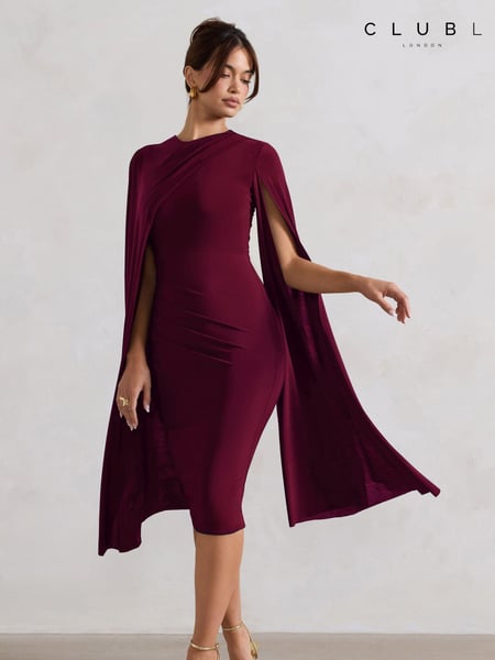 Club L London Burgundy Red Marysol Asymmetric  Cape Midi Dress (AG2835) | € 76