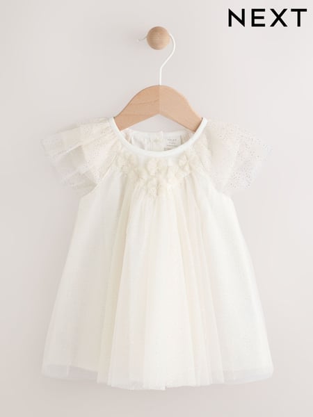 White Mesh Sparkle Frill Shoulder Baby Dress (0mths-2yrs) (AG2875) | € 24 - € 27