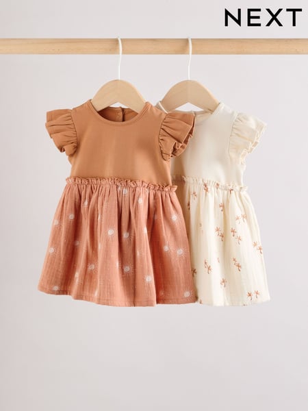 Rust Brown and Cream Printed Jersey Baby Dresses 2 Pack (0mths-3yrs) (AG2878) | € 27 - € 30