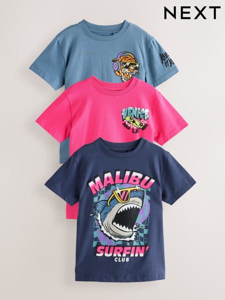 Blue/Pink Summer Animals Regular Fit Graphic Short Sleeve 100% Cotton T-Shirts 3 Pack (3-16yrs) (AG3067) | € 26 - € 34