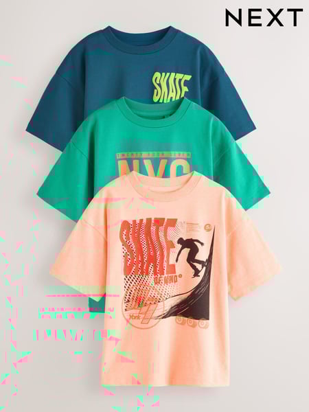 Fluro Coral/ Blue/ Green Skate Relaxed Fit Graphic Print Short Sleeve 100% Cotton T-Shirts 3 Pack (3-16yrs) (AG3076) | € 27 - € 35