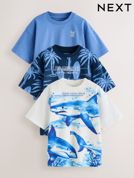 Blue/ White Shark Relaxed Fit Graphic Print Short Sleeve 100% Cotton T-Shirts 3 Pack (3-16yrs) (AG3078) | € 28 - € 37