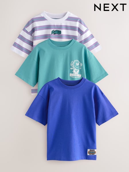 Blue/Lilac Stripe Relaxed Fit Graphic Print Short Sleeve 100% Cotton T-Shirts 3 Pack (3-16yrs) (AG3079) | € 30 - € 38