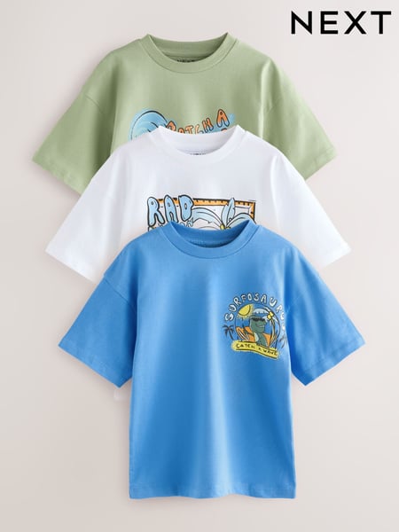 Blue/White/Green Dino Relaxed Fit Graphic Print Short Sleeve 100% Cotton T-Shirts 3 Pack (3-16yrs) (AG3080) | € 28 - € 37