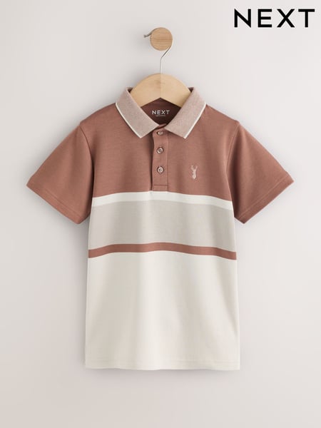 Tan/Ecru Colourblock Stripe Short Sleeve 100% Cotton Polo Shirt (3-16yrs) (AG3401) | € 17 - € 24