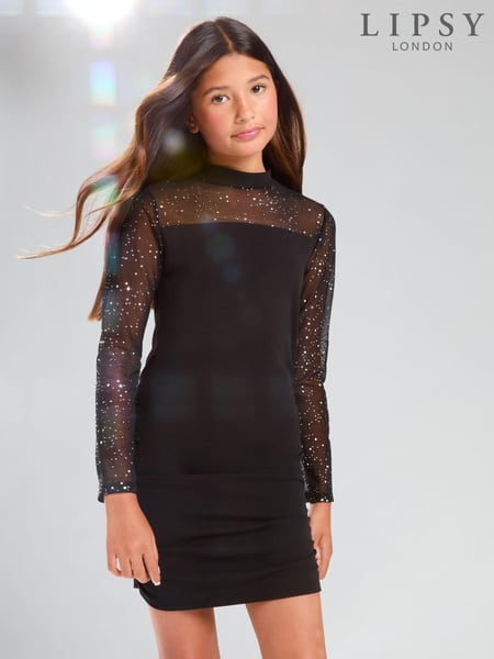 Lipsy Black Teen Glitter Mesh Ruched Dress (10-16yrs) (AG3460) | € 37 - € 43