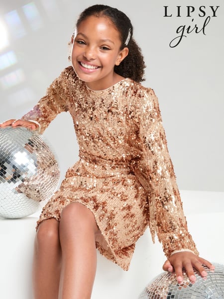 Lipsy Rose Gold Long Sleeve Sequin Party Dress (5-16yrs) (AG3490) | € 50 - € 58