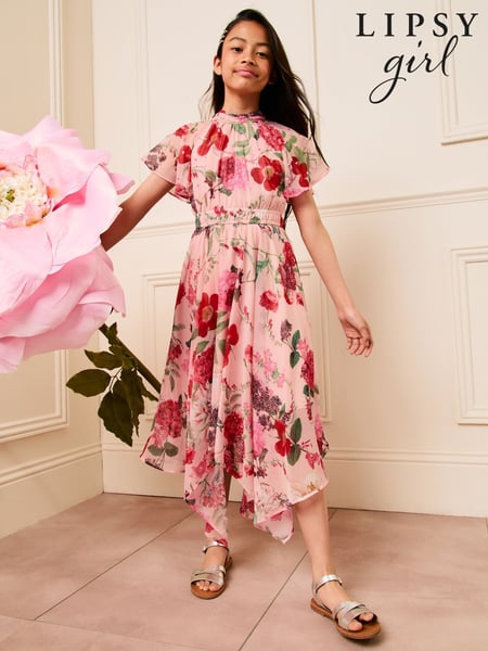 Lipsy Pink Floral Sequin Chiffon Hanky Hem Occasion Dress (5-16yrs) (AG3506) | € 37 - € 45