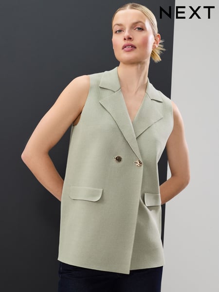 Sage Green Smart Knitted Waistcoat Blazer with Faux Pockets (AG3753) | € 61