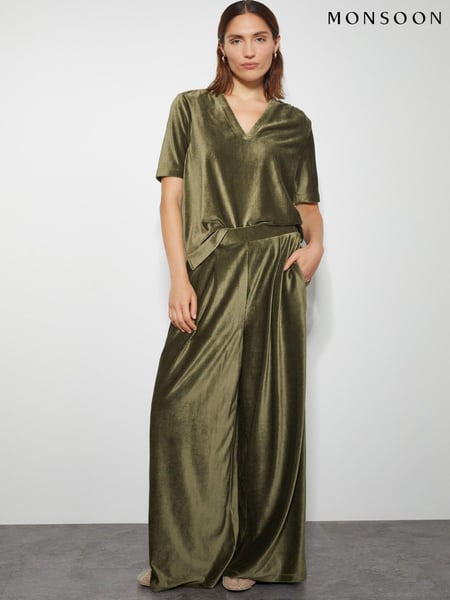 Monsoon Green Shay Rib Velour Wide Leg Trousers (AG3841) | € 43
