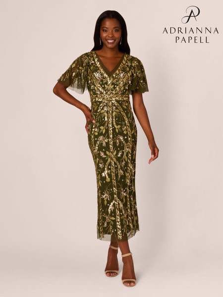 Adrianna Papell Green Beaded Flutter Sleeve Dress (AG4087) | € 466