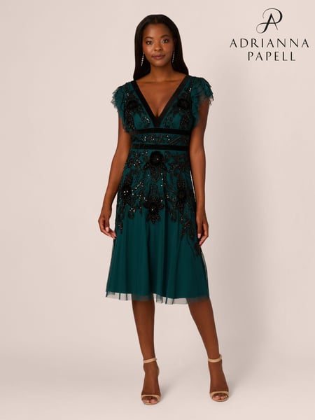 Adrianna Papell Green Velvet Beaded Mesh Dress (AG4106) | € 315