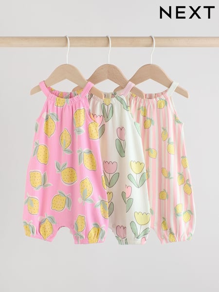 Pink and White Printed Fruit Baby Strappy Rompers 3 Pack (AG4762) | € 26 - € 31