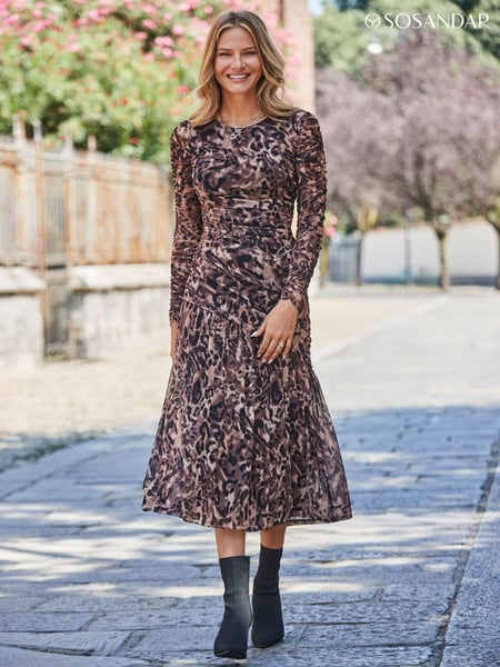 Sosandar Natural Petite Animal Print Mesh Ruched Waist Fit and Flare Dress (AG5081) | € 117