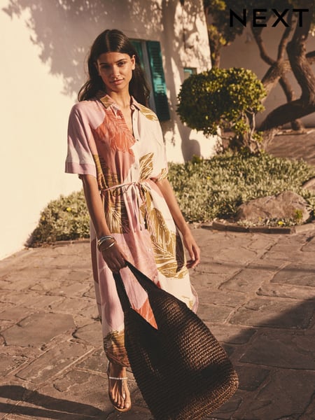 Cream mit Palmen-Print - Short Sleeve Tie Waist Midi Dress with Linen (AG5121) | 70 €