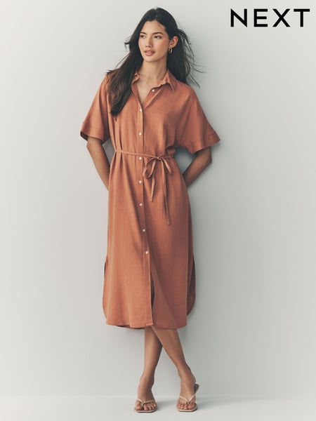 Terracotta Brown Short Sleeve Tie Waist Midi Dress with Linen (AG5123) | € 49