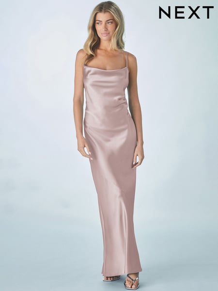 Dusky Pink Bridesmaid Satin Cowl Neck V-Back Maxi Dress (AG5157) | € 95