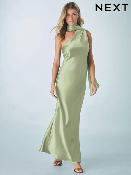Sage Green Bridesmaid Satin Maxi One Shoulder Scarf Neck Dress (AG5159) | € 109
