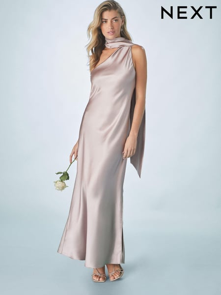 Dusky Pink Bridesmaid Satin Maxi One Shoulder Scarf Neck Dress (AG5161) | € 109