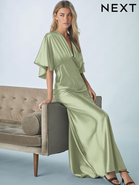 Sage Green Bridesmaid Satin Flutter Sleeve Maxi Dress (AG5320) | € 116