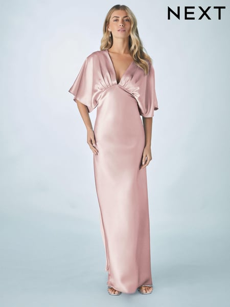 Dusky Pink Bridesmaid Satin Flutter Sleeve Maxi Dress (AG5327) | € 116