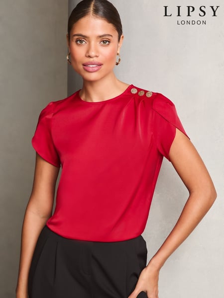 Lipsy Red Tulip Sleeve Round Neck Button Detail Satin Top (AG5559) | € 32