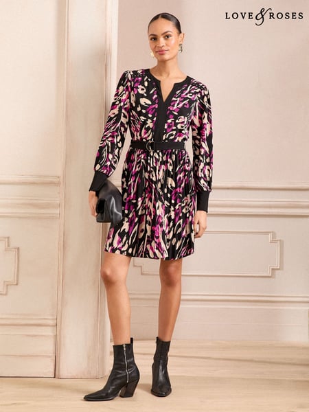 Love & Roses Berry Animal Printed Jersey Pleated Belt Detail Mini Dress (AG5607) | € 72
