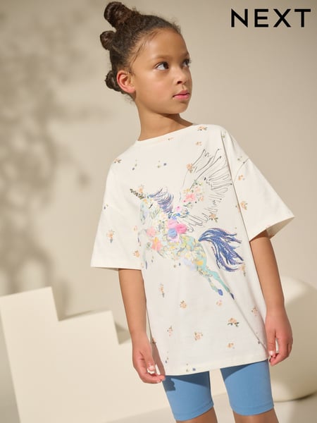 Blue/Ecru Floral Unicorn Oversized T-Shirt And Cycle Shorts Top & Shorts Set (3-16yrs) (AG5744) | € 20 - € 28