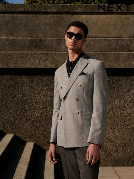 Grey Linen Blend Texture Double Breasted Suit Jacket (AG5787) | € 133