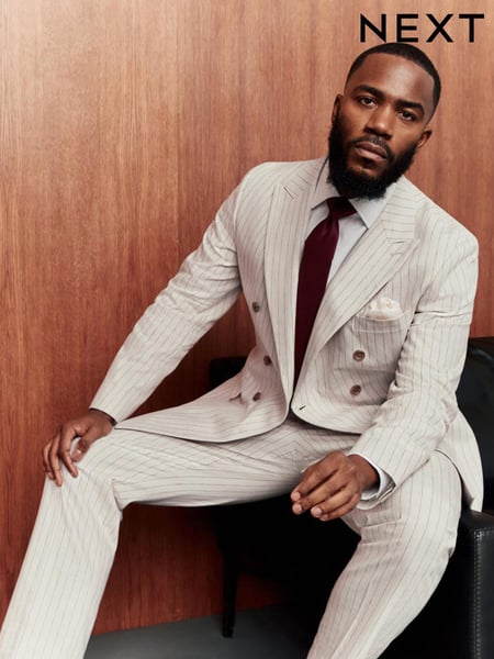 Neutral Striped Double Breasted Suit Jacket With Linen (AG5788) | € 148
