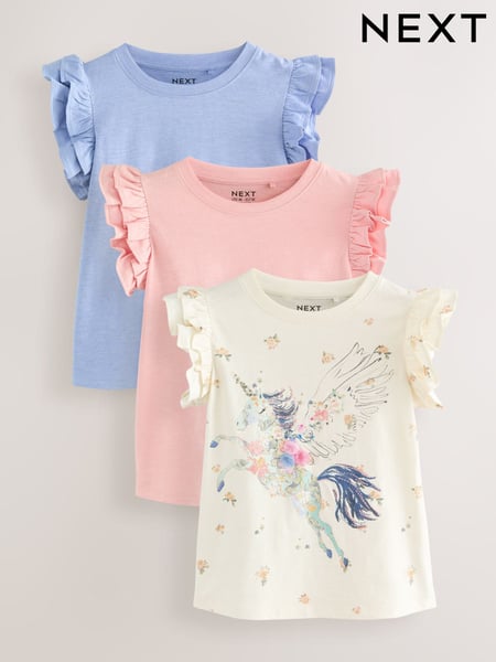 Blue/Pink/Ecru 100% Cotton Unicorn Frill Sleeve T-Shirts 3 Pack (3-16yrs) (AG5837) | € 26 - € 34