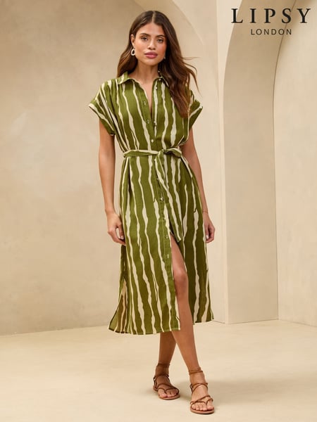 Grün - Lipsy Short Sleeve Linen Look Button Down Midi Shirt Dress (AG5869) | 76 €