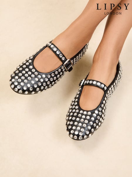 Lipsy Black Embellished All Over Studded Mary Jane Pump Ballerinas (AG6919) | € 76